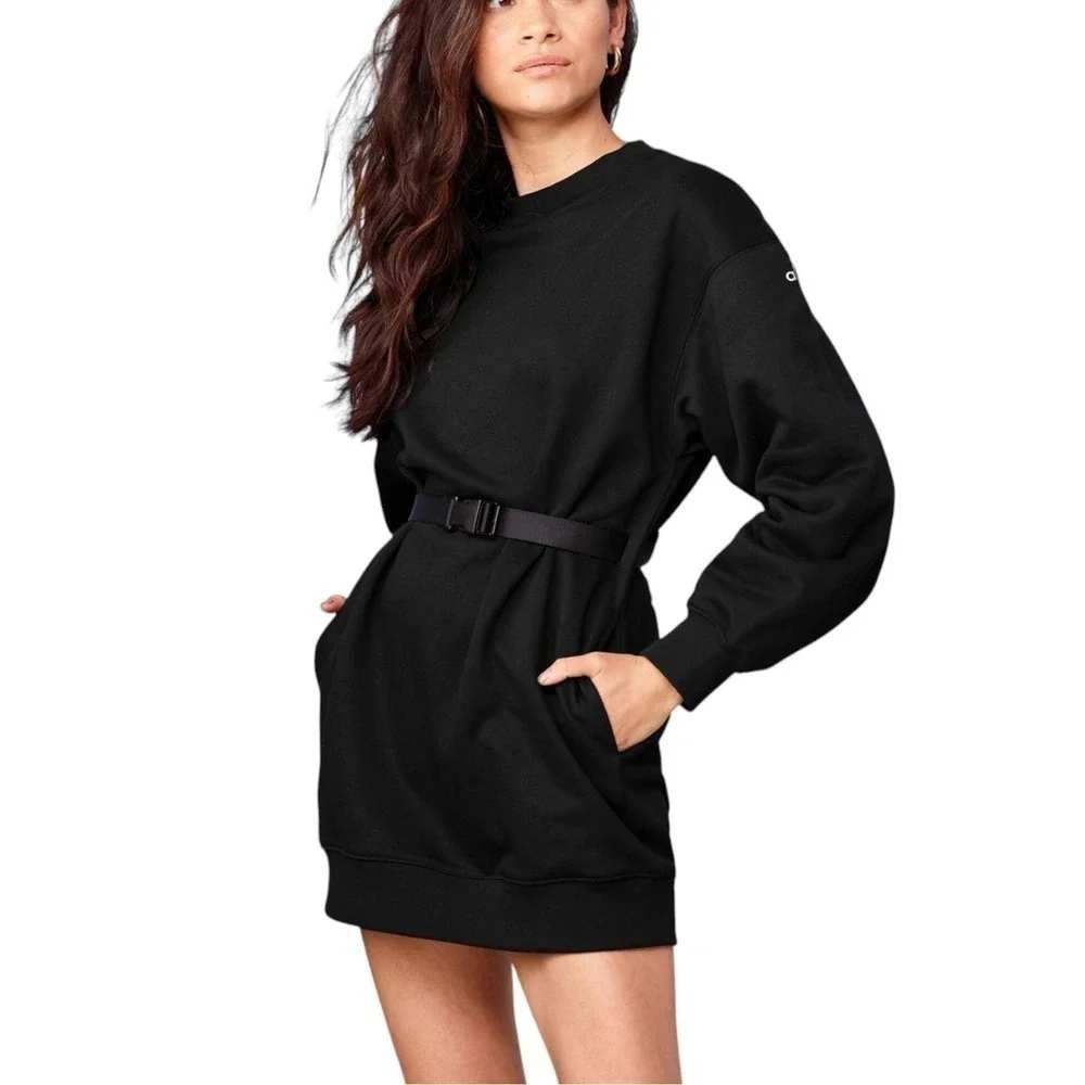 Alo Yoga Cityscape Crewneck Sweatshirt Dress Womens XS Black Buckle Belt Cozy